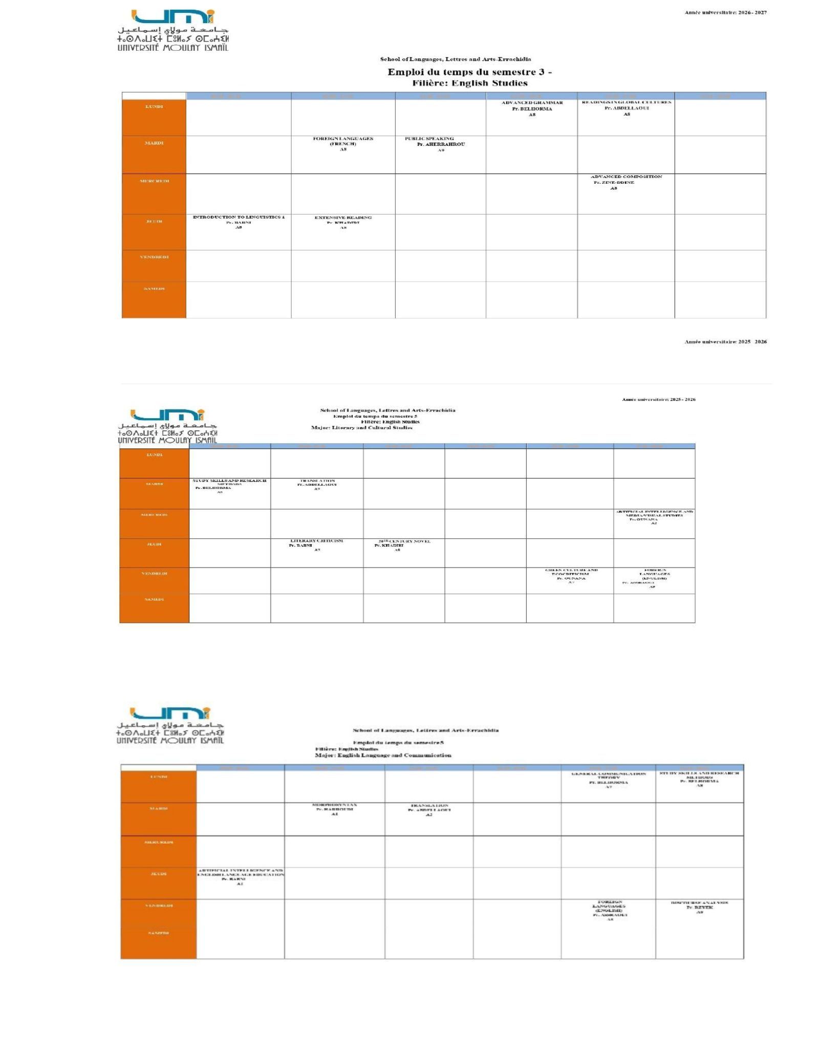 مسلك الدراسات الإنجليزية: البرمجة الزمنية لمحاضرات الدورة الخريفية - الموسم الجامعي 2026/2027